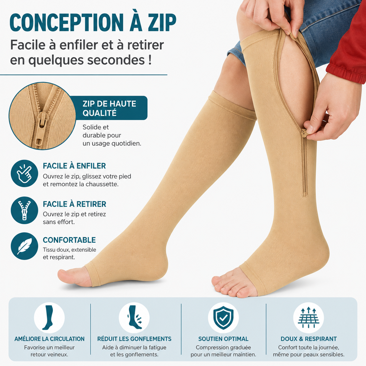 Bas de Compression à Fermeture Facile