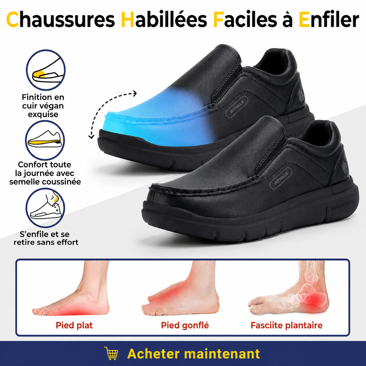 Chaussures Orthopédiques Noires Faciles à Enfiler Confort Quotidien