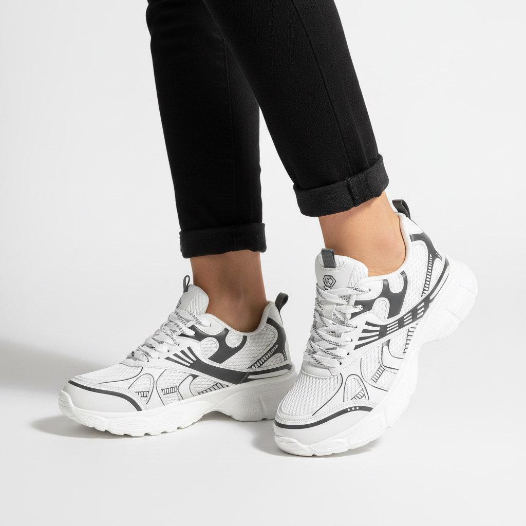 Femme - gros plan pieds - chunky sneaker blanche noire
