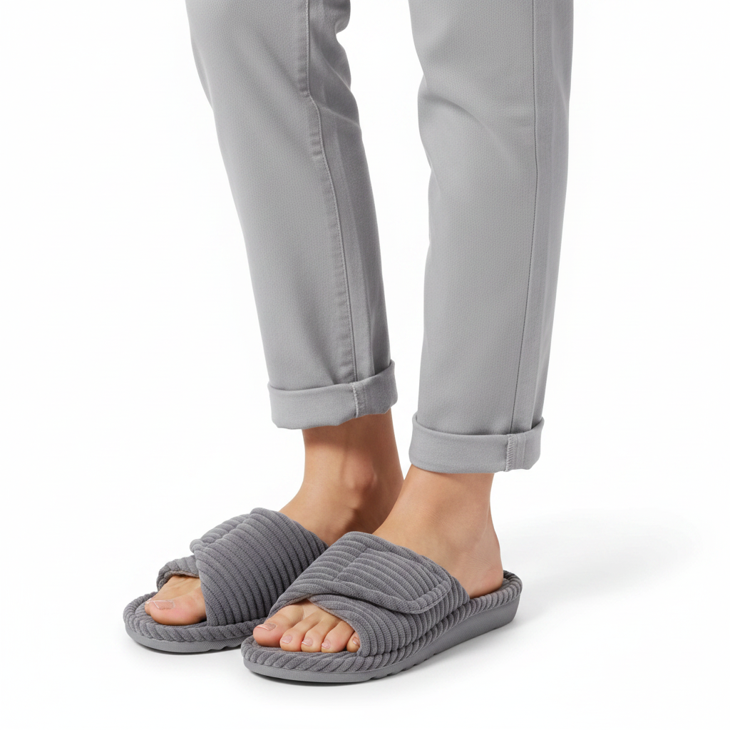 Femme - gros plan pieds - claquette grise velours