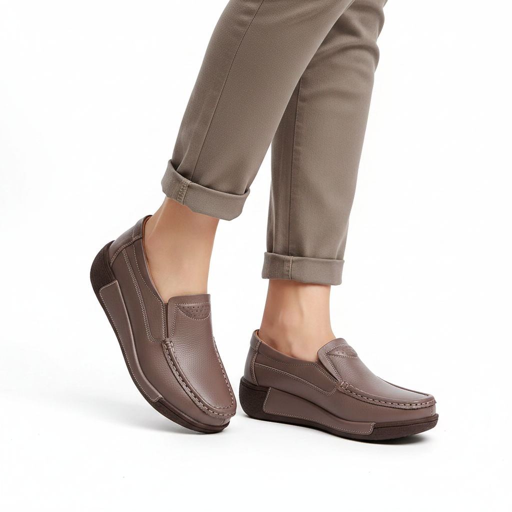 Femme - gros plan pieds - mocassin taupe