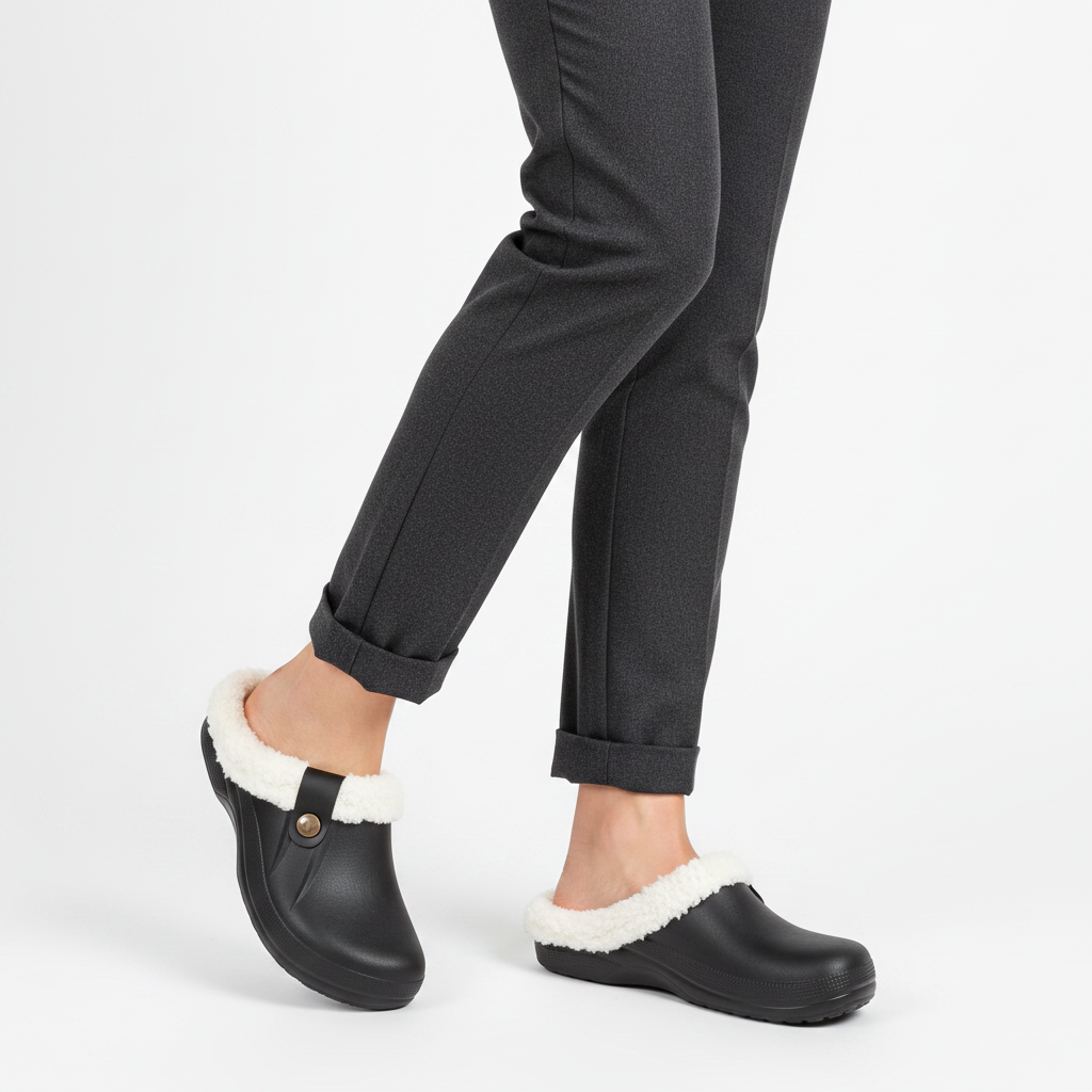 Femme - gros plan pieds - sabot noir sherpa