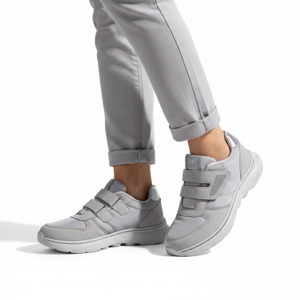 Femme - gros plan pieds - sneaker grise velcro
