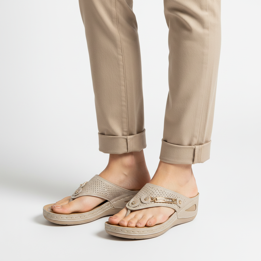 Femme - gros plan pieds - tong compensée beige