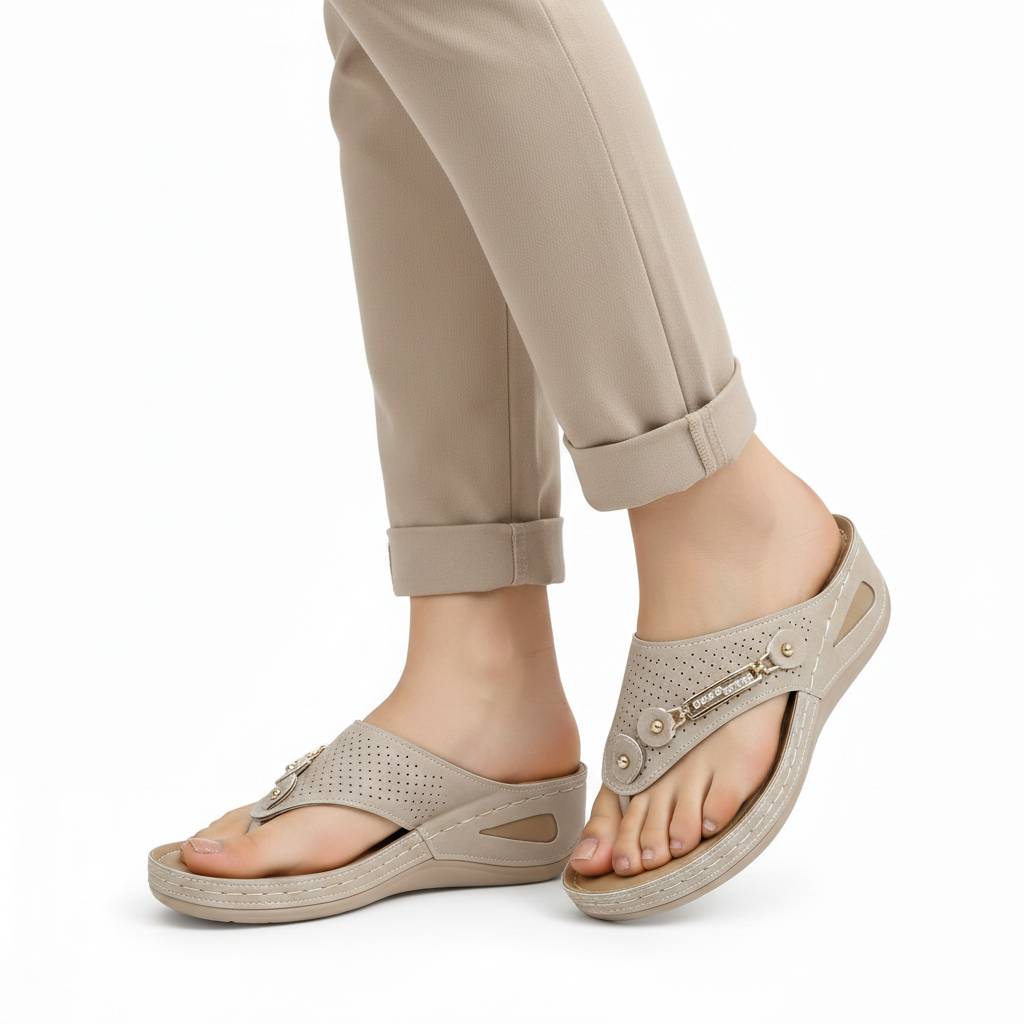 Femme - semelle visible - tong compensée beige