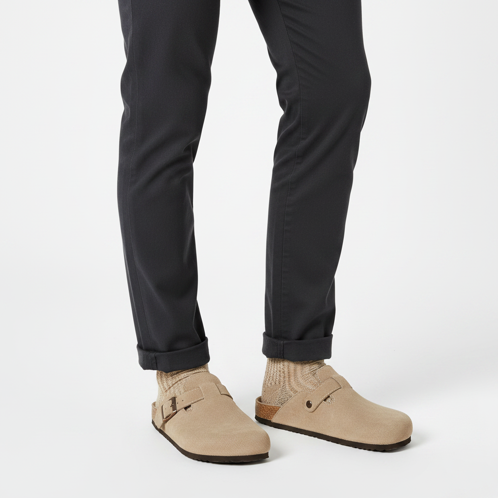 Homme - gros plan pieds - sabot taupe