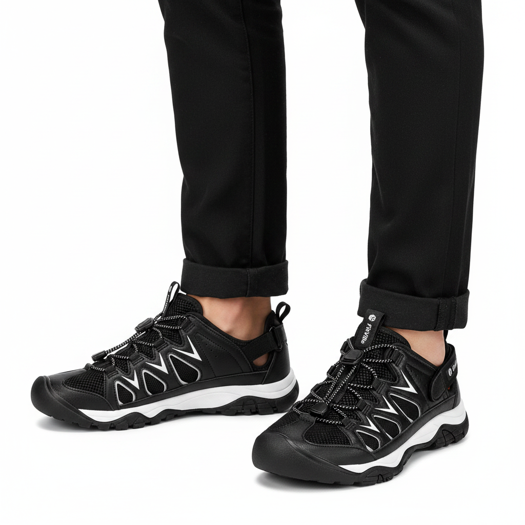 Homme - gros plan pieds - sandale rando noire