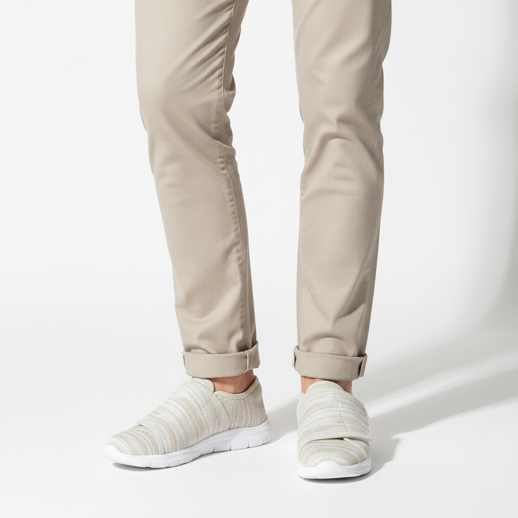 Homme - gros plan pieds - sneaker beige velcro