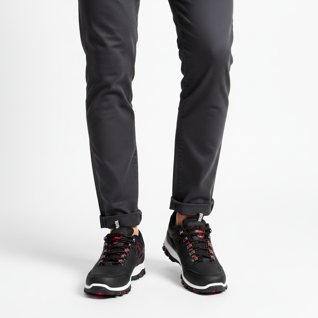 Homme - gros plan pieds - sneaker noire rouge