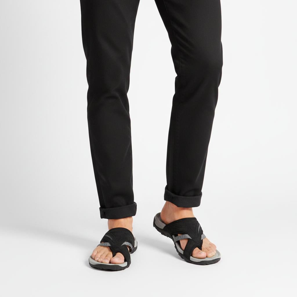Homme - gros plan pieds - tong noire outdoor